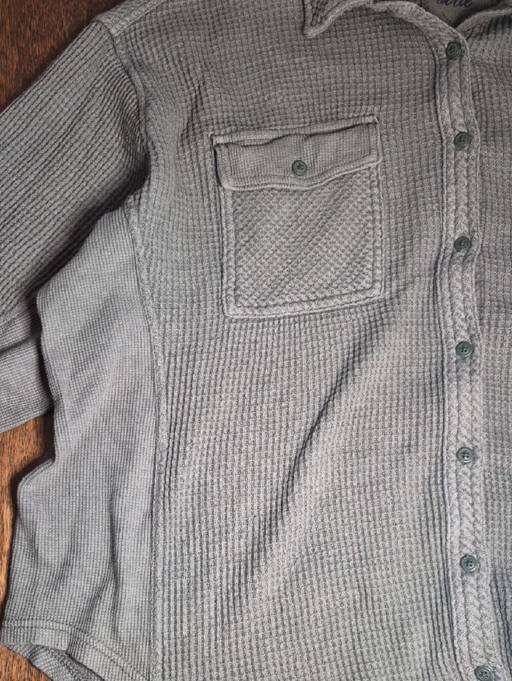 aerie Womens Olive Waffle Knit Button-Down Shirt - Picture 3 of 3